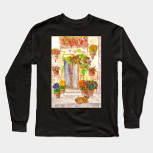 Mediterranean Villa with Flowers and a Cat! Long Sleeve T-Shirt